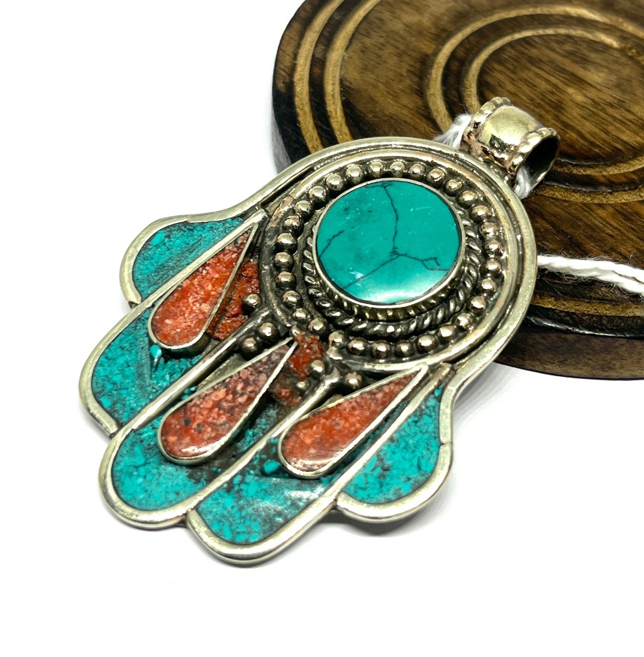 Tibetan Turquoise Coral Gemstone Buddhist Prayer Pendant Jewelry, 2.5 inch