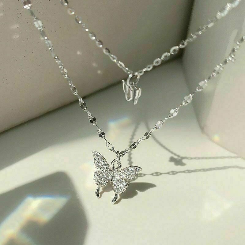 925 Silver Double Layer Butterfly Pendant Clavicle Chain Necklace Womens Jewelry