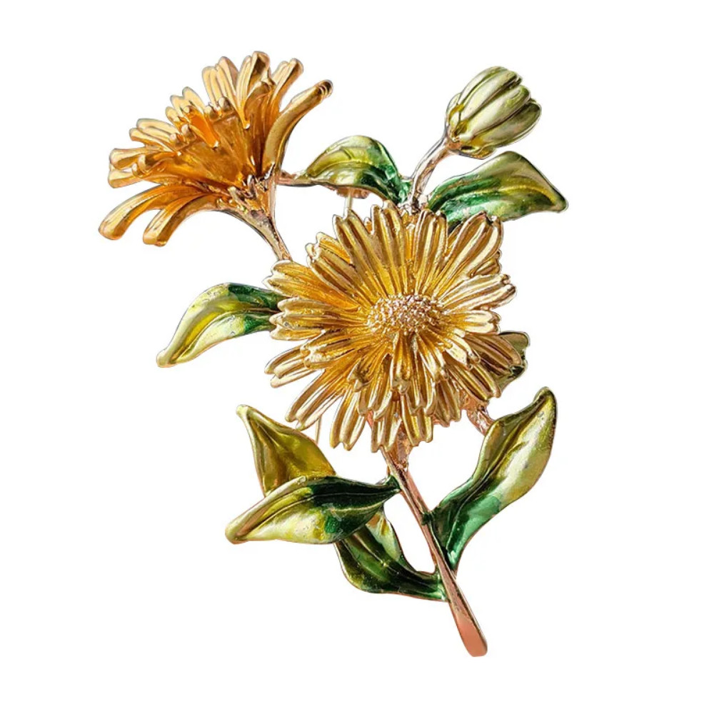 Vintage Enamel Flower Bouquet Brooch Floral Gold Leaf Pin Summer Gift Jewelry