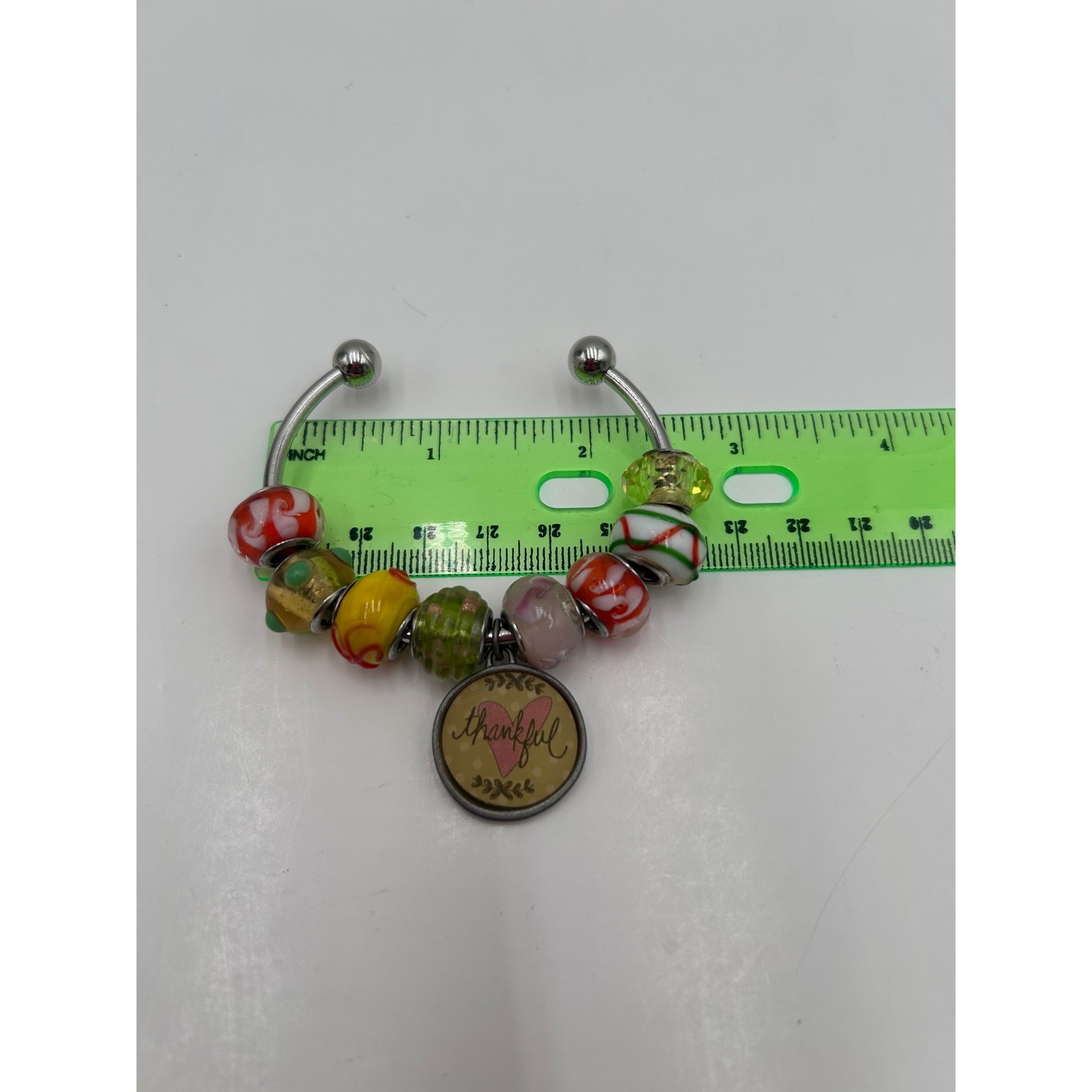 Thankful Heart Charm Lampwork Glass Bead Silver Tone Torque Boho Bangle Bracelet