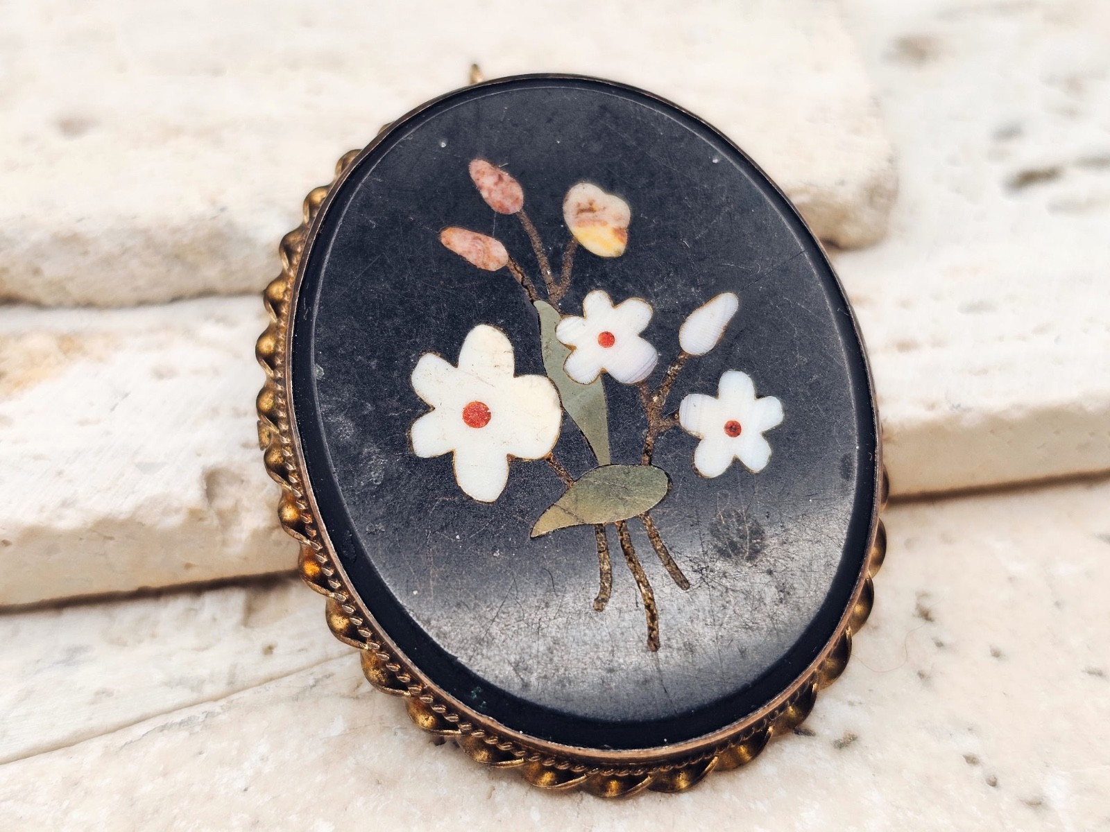 ANTIQUE ITALIAN 10K YELLOW GOLD FILL Pietra Dura Brooch AND Pendant – FLORAL