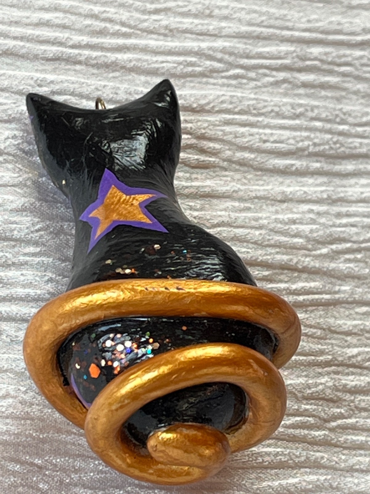 Large Black w Purple & Gilt Celestial Painted Wood or Resin Kitty Cat Pendant –