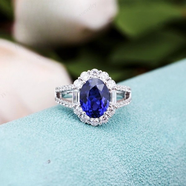 3.60 Ct Oval Natural Sapphire & Diamond Wedding Ring 14K White Gold Size 7