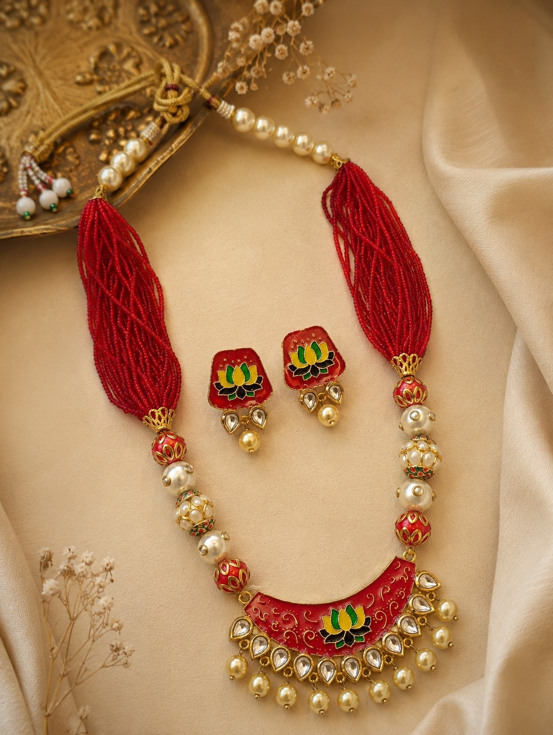 Handmade Lotus Thread Necklace Set Red Meenakari Pearl Indian Ethnic Jewelry