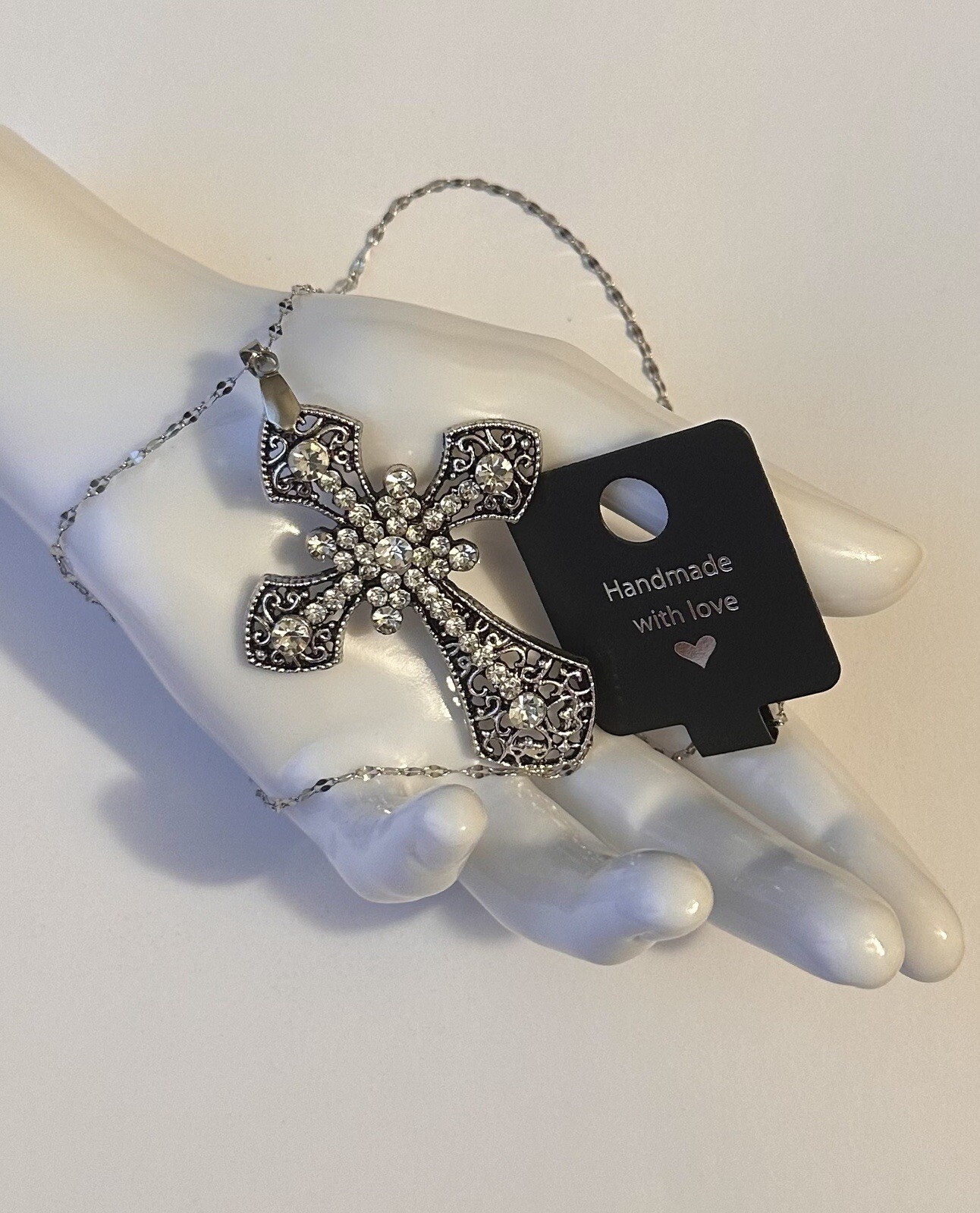 Large Victorian Cross Necklace Chain Silver Religious Gothic Grunch Whimsgoth