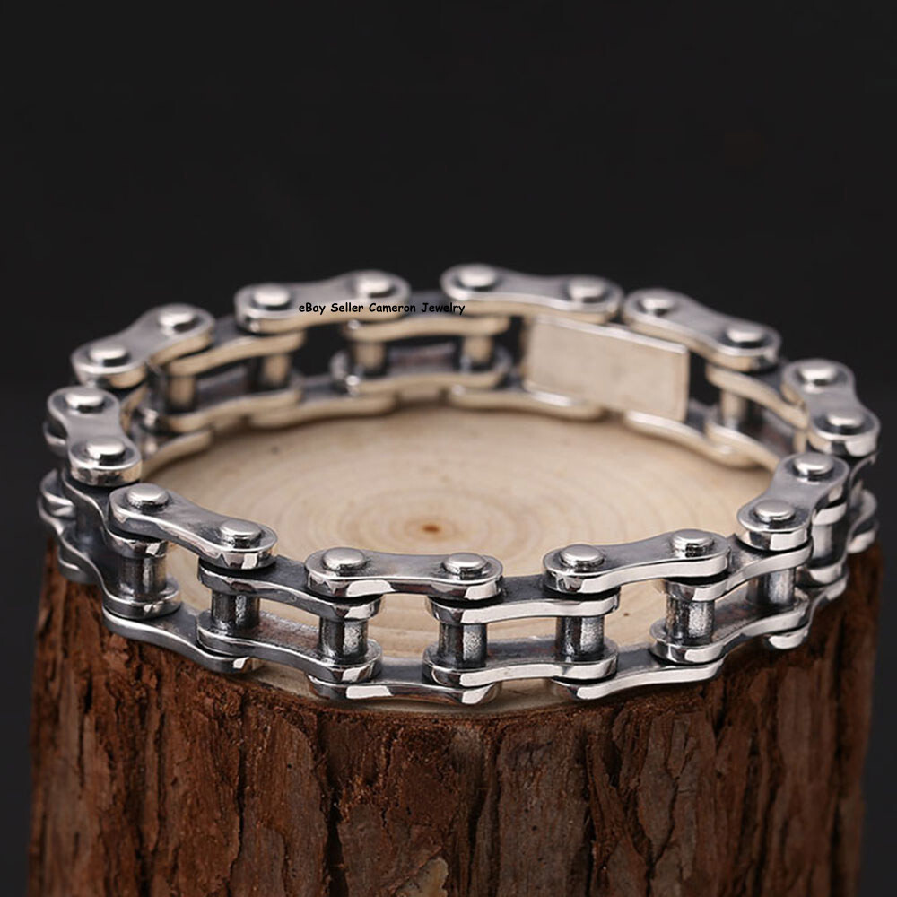 Solid S925 Sterling Silver Bracelet 10m13mm Punk Bike Link Chain 7.5-8.7in