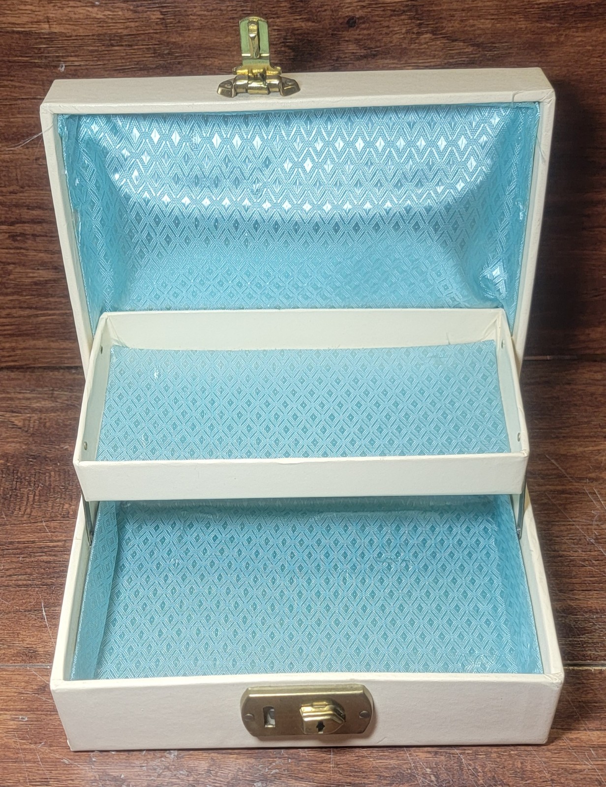 Vintage Mele? Jewelry Box Cream Faux Leather Blue Satin Fabric Small 7.5″ x 5.5″