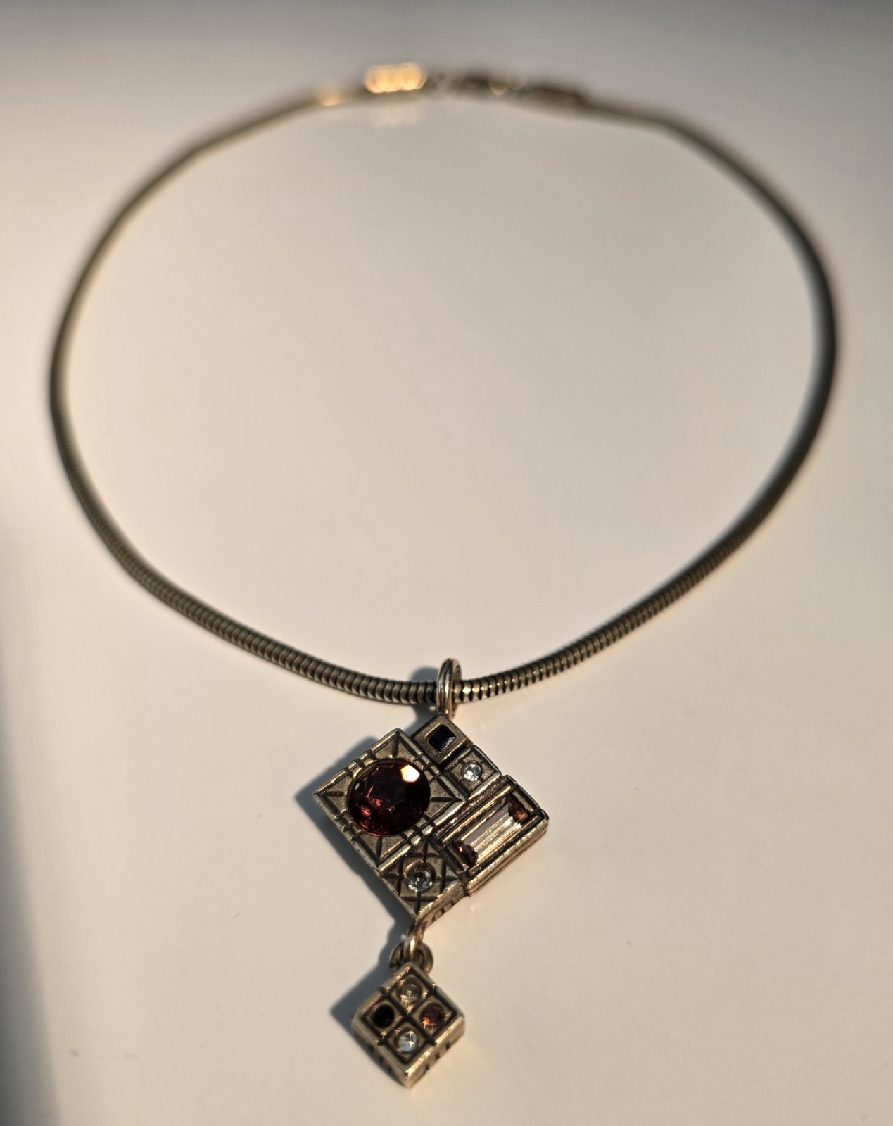 Vintage Patricia Locke Gold Swarovski Crystal Double Square Pendant Necklace