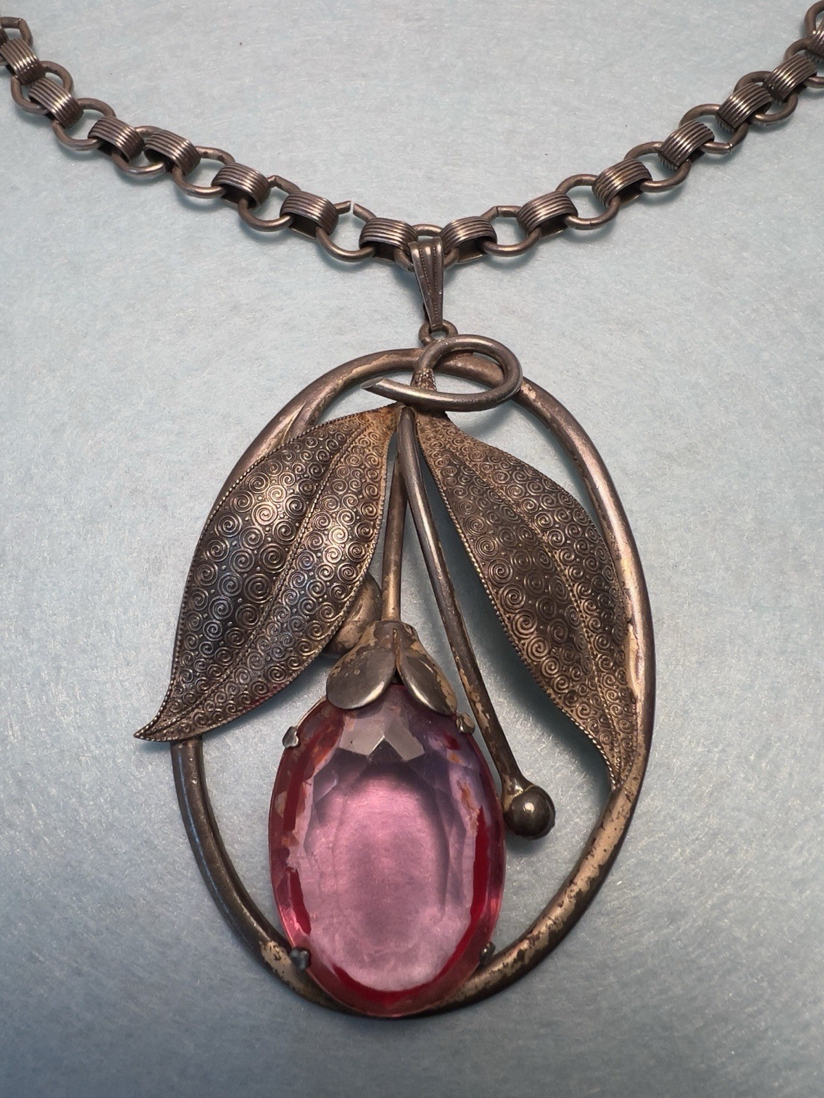 Vintage Art Nouveau Pink Glass 3.25” Pendant Bookchain Necklace 18” Chain