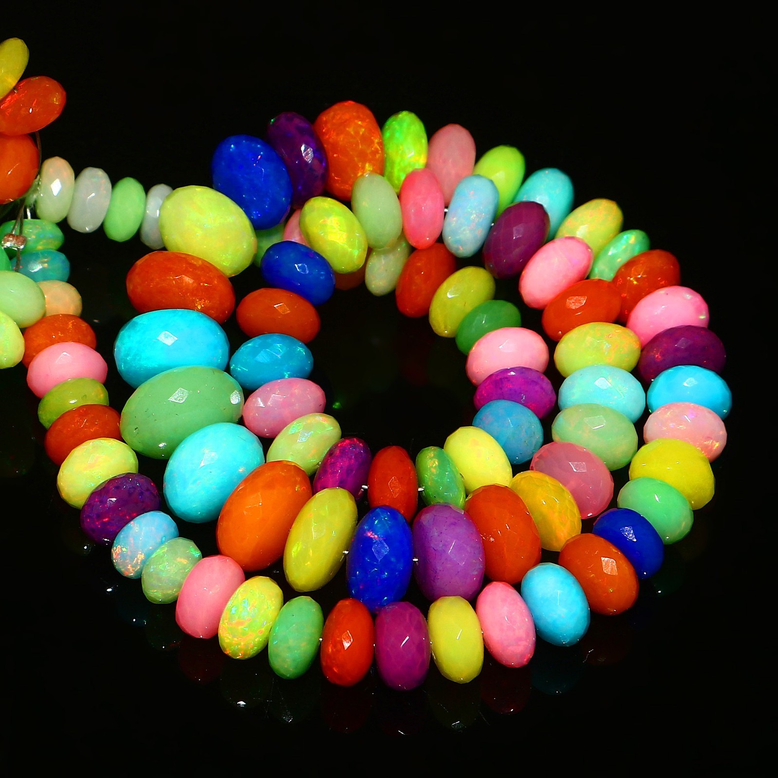 Ethiopian Welo Opal Faceted Round Bead Necklace Multi-Color Play of Fire 568