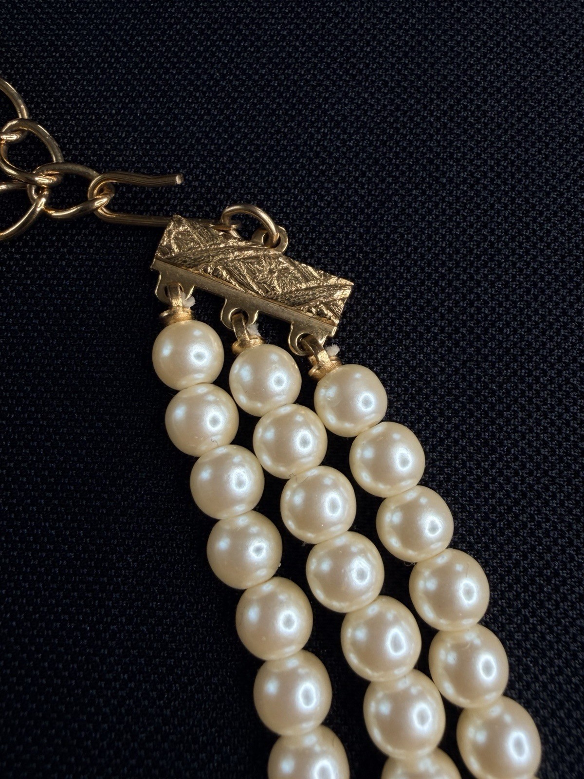 VintageVintage Signed 1928 Triple Strand Pearl Choker Necklace Gold Tone Filigre