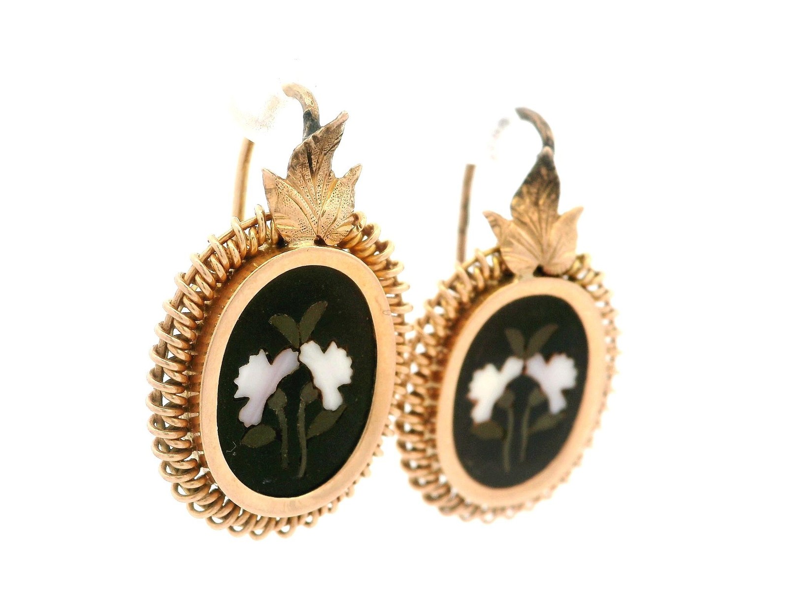Vintage Yellow Gold Pietra Dura Hard Stone Floral Drop Dangle Earrings