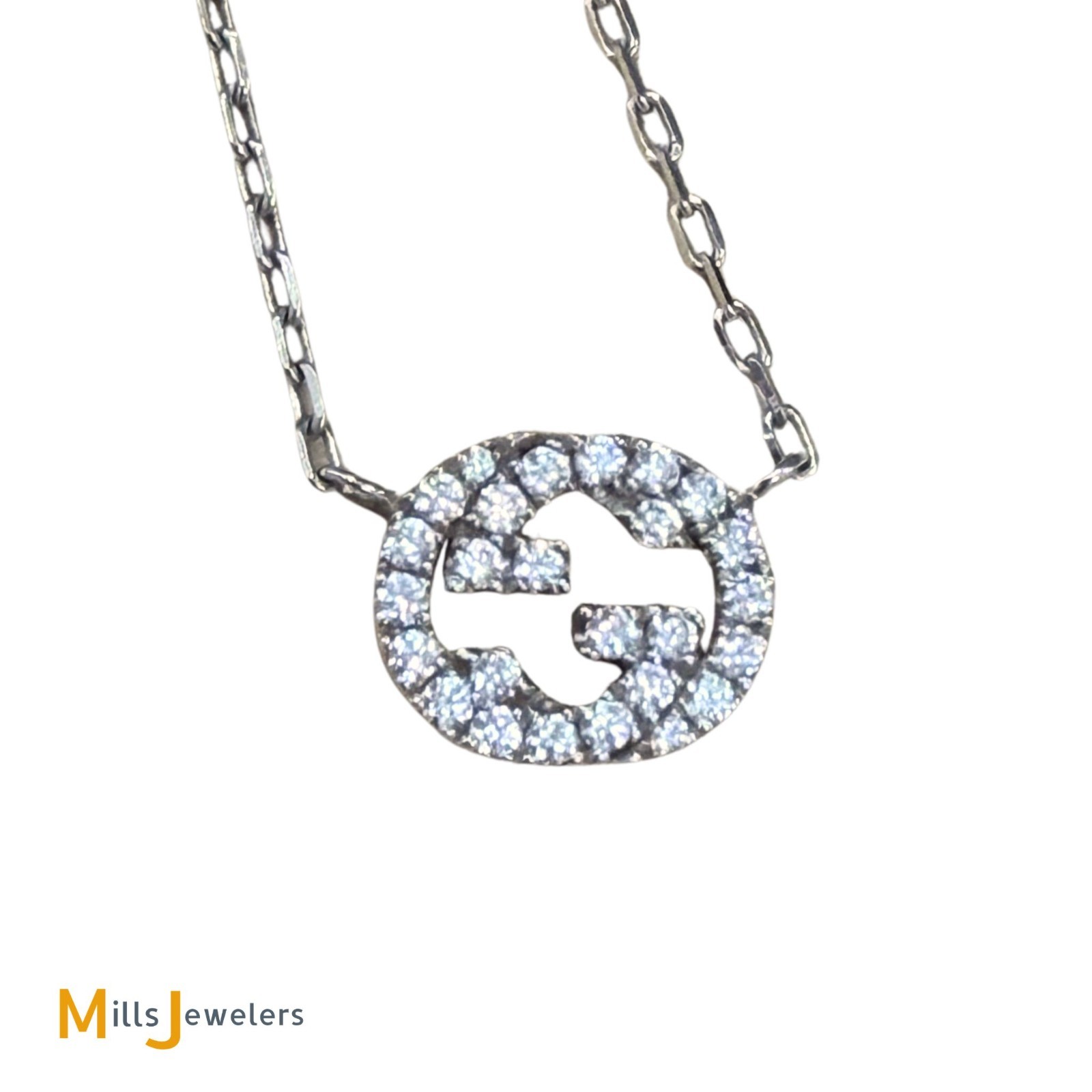 18K White Gold Gucci Interlocking G 0.27ctw Diamond Station Necklace 16″