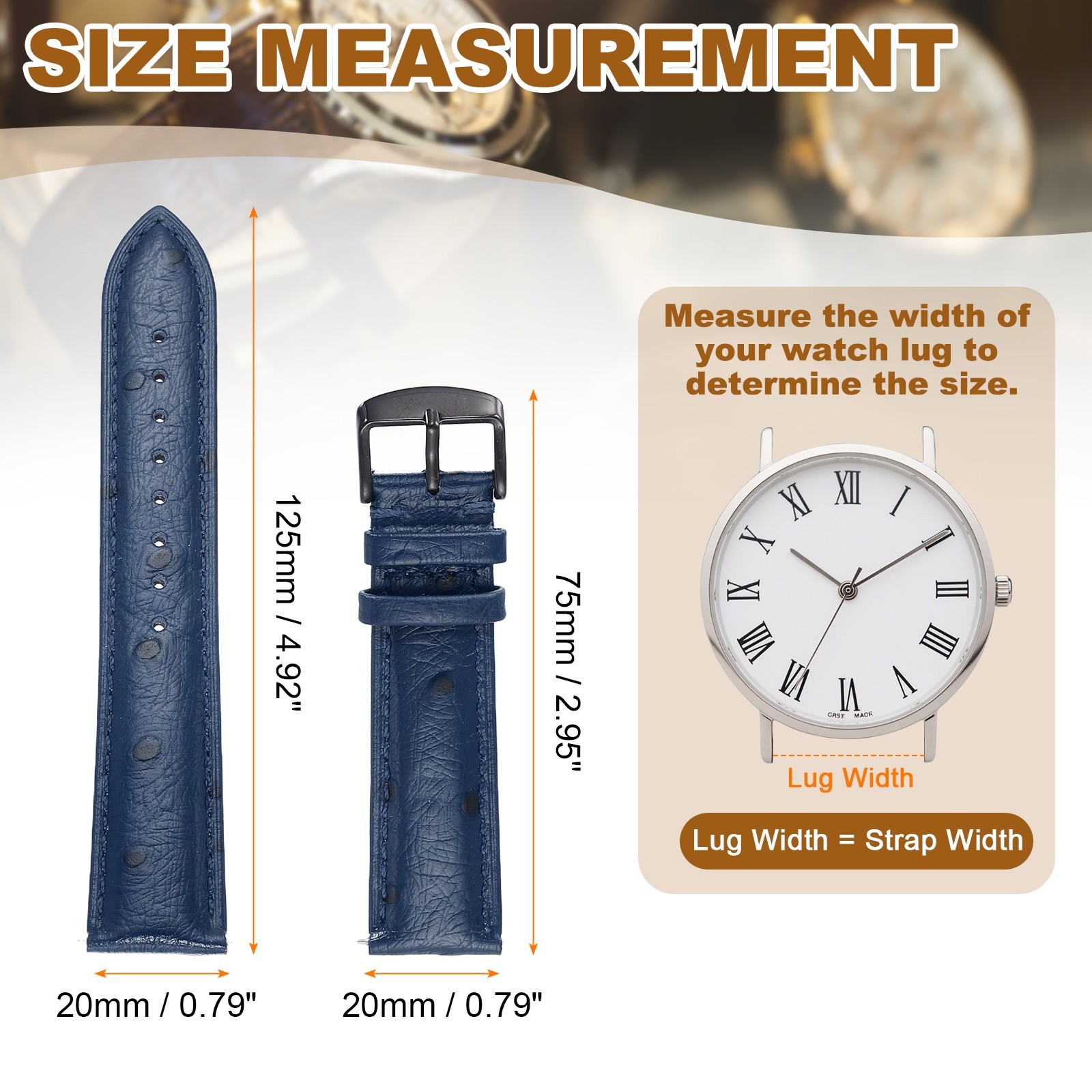 Leather Watch Band 0.79″ 20mm Top Grain Leather Watch Strap Black-Blue