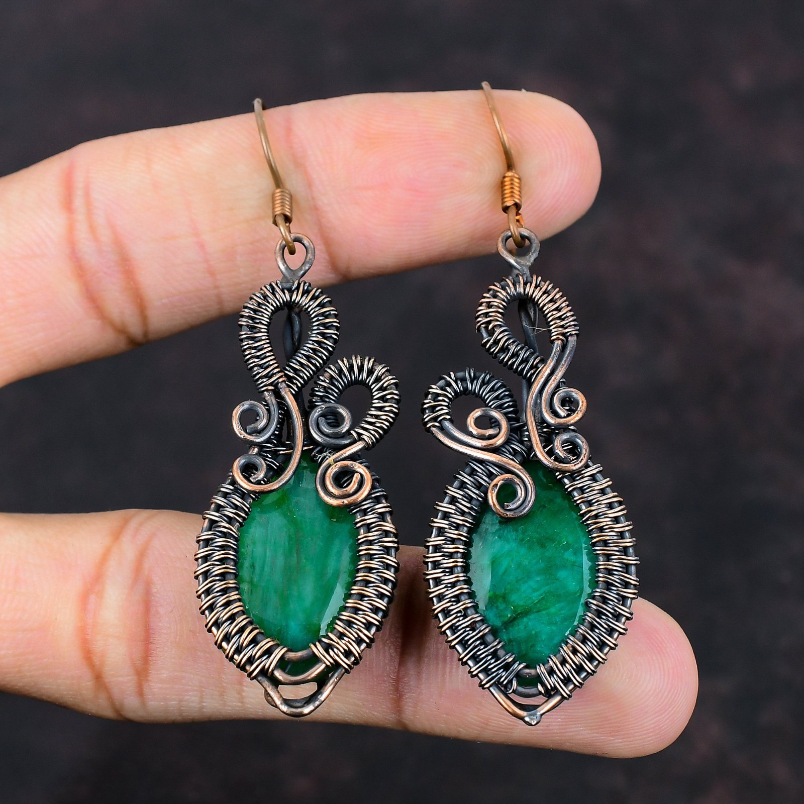 Zambian Emrald Gemstone Hook Drop Dangle Wire Wrapped Earrings Jewelry Copper