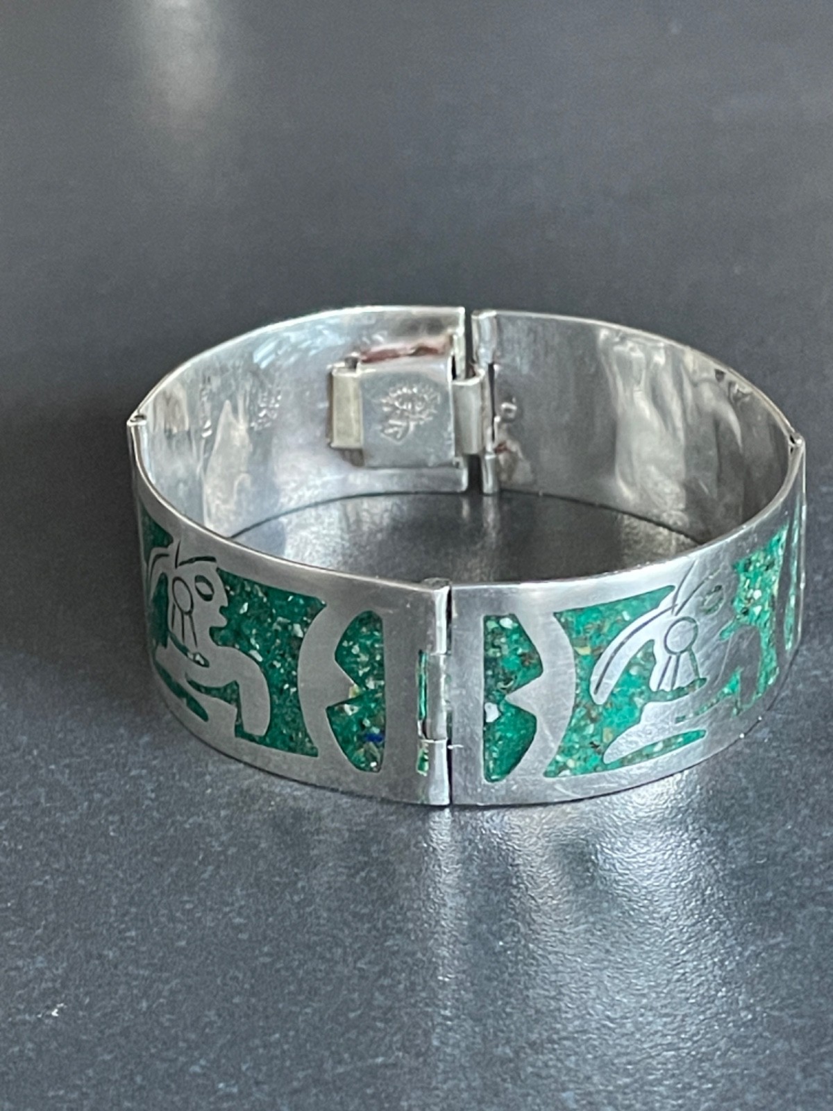 Solid 925 Silver Bracelet from Taxco Mexico Handmade with Green Stone Inlay