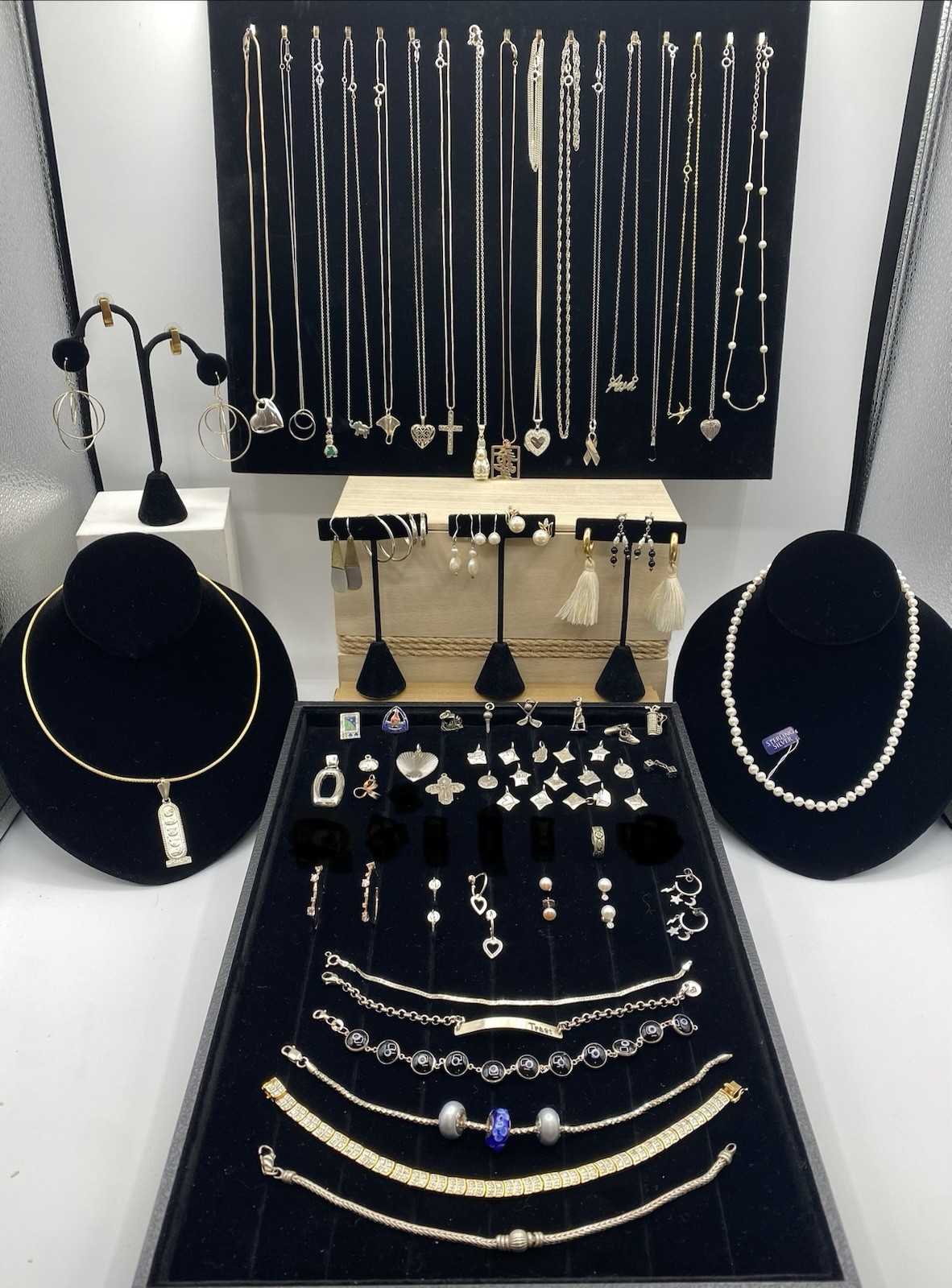 74 Pc Sterling Silver Jewelry Lot ALL MARKED/Wearable 262g Pendants Necklaces +