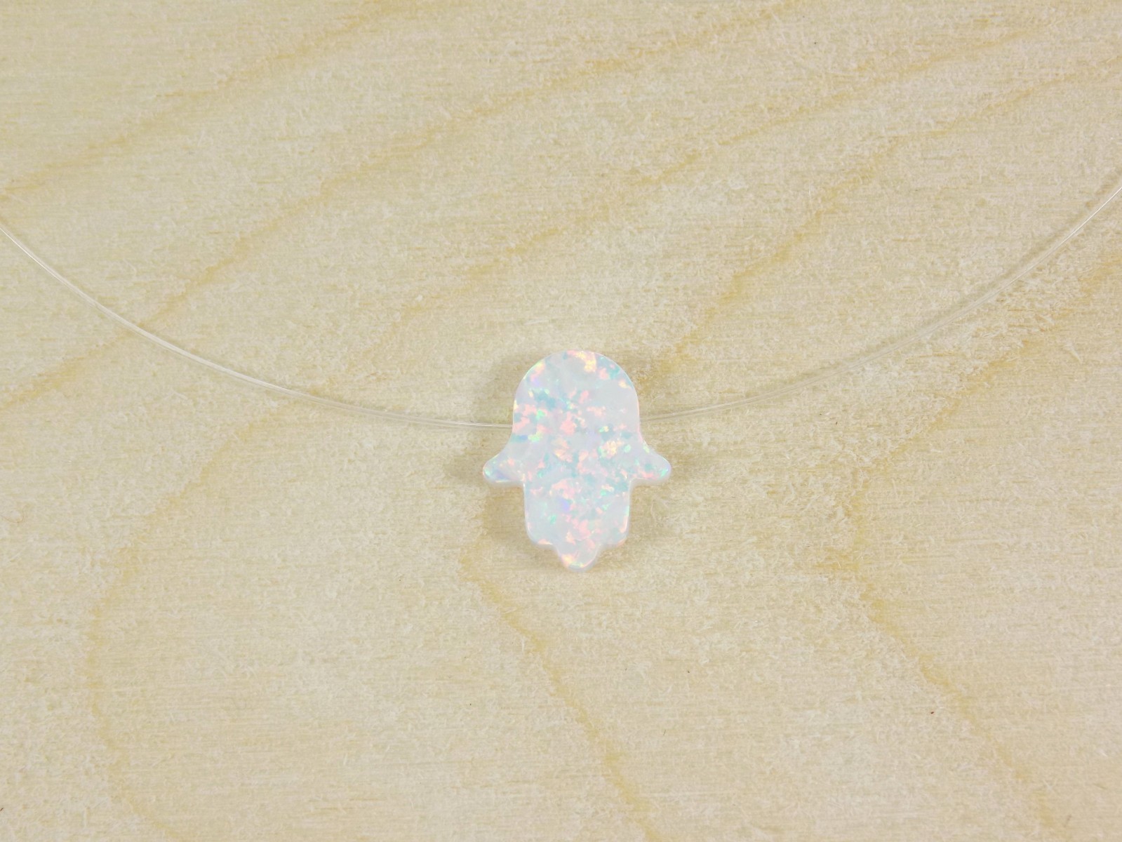Opal Hamsa Hand Necklace Floating illusion Clear Fishing Line Nylon Silver Clasp