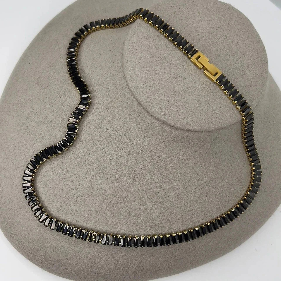 20TCW Baguette Lab Created Black Diamond Choker necklace 14k Yellow Gold Plated