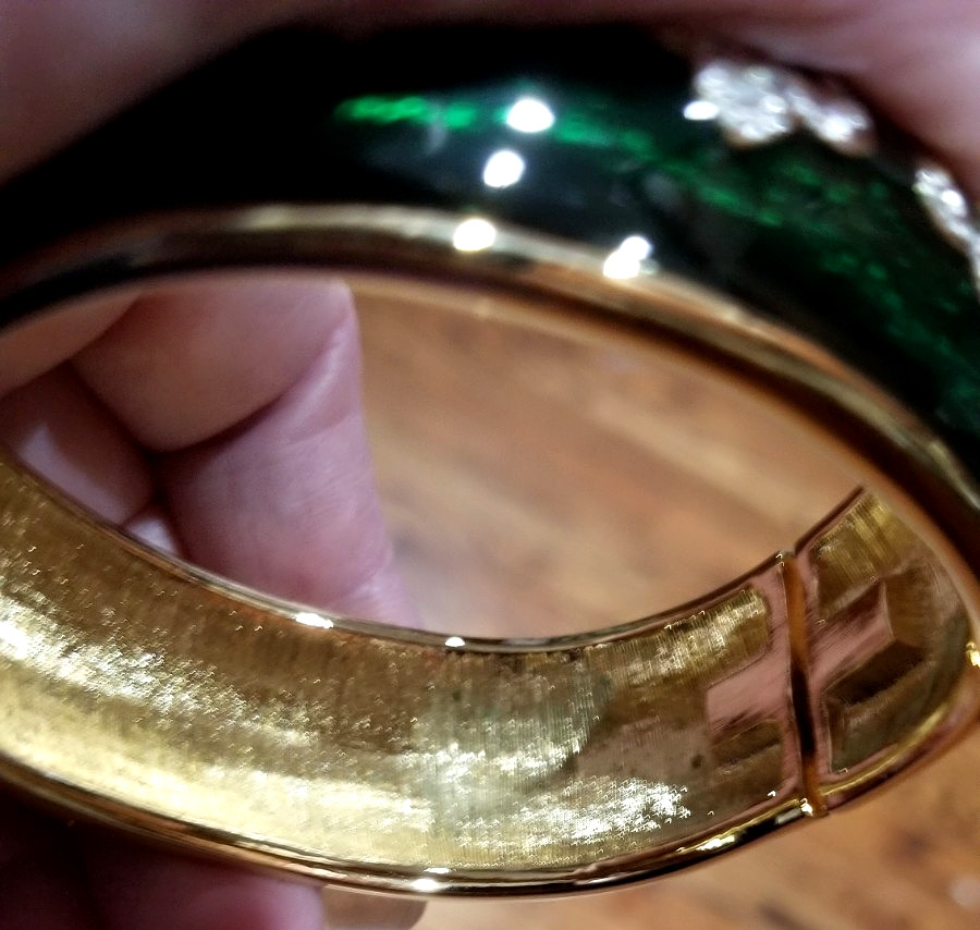 Bejeweled cuff bracelet with Green enamel and Gold tone metal Mint condition