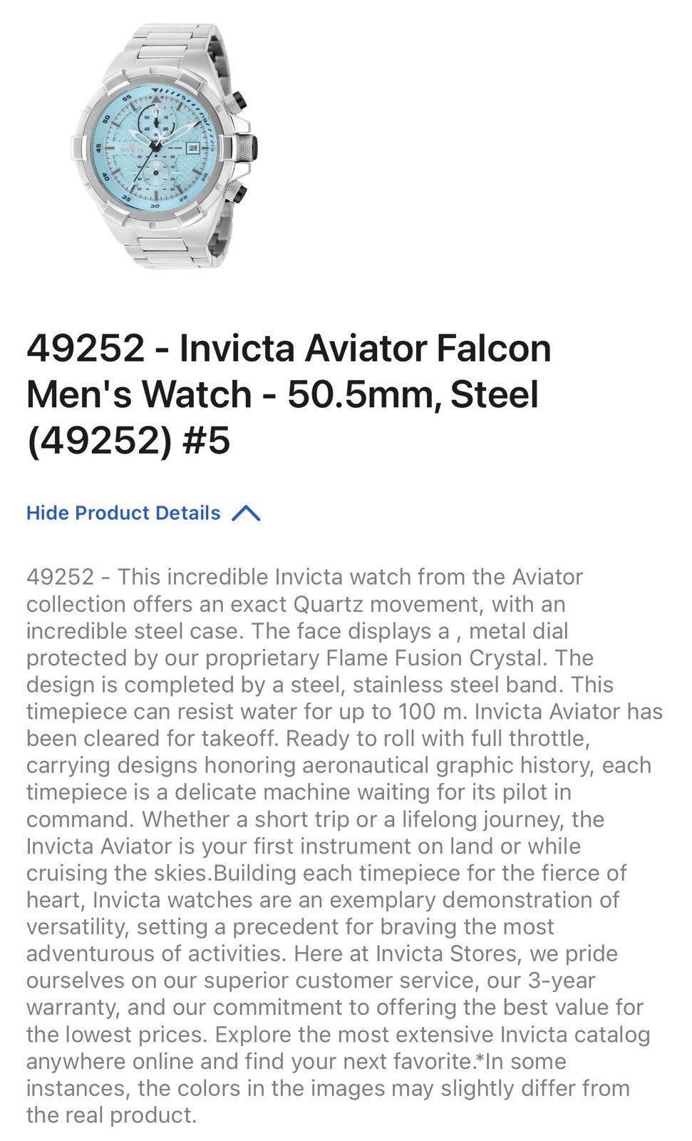 🔥Invicta Aviator Falcon 50.5mm Men’s Watch, Steel Blue 49252