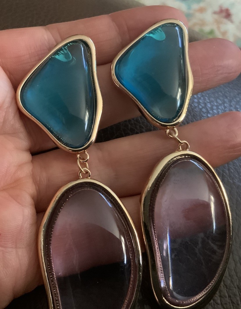 Zara Clear Earrings Gripoix Lucite Gold Cabochon Boho Geometric Statement VTG