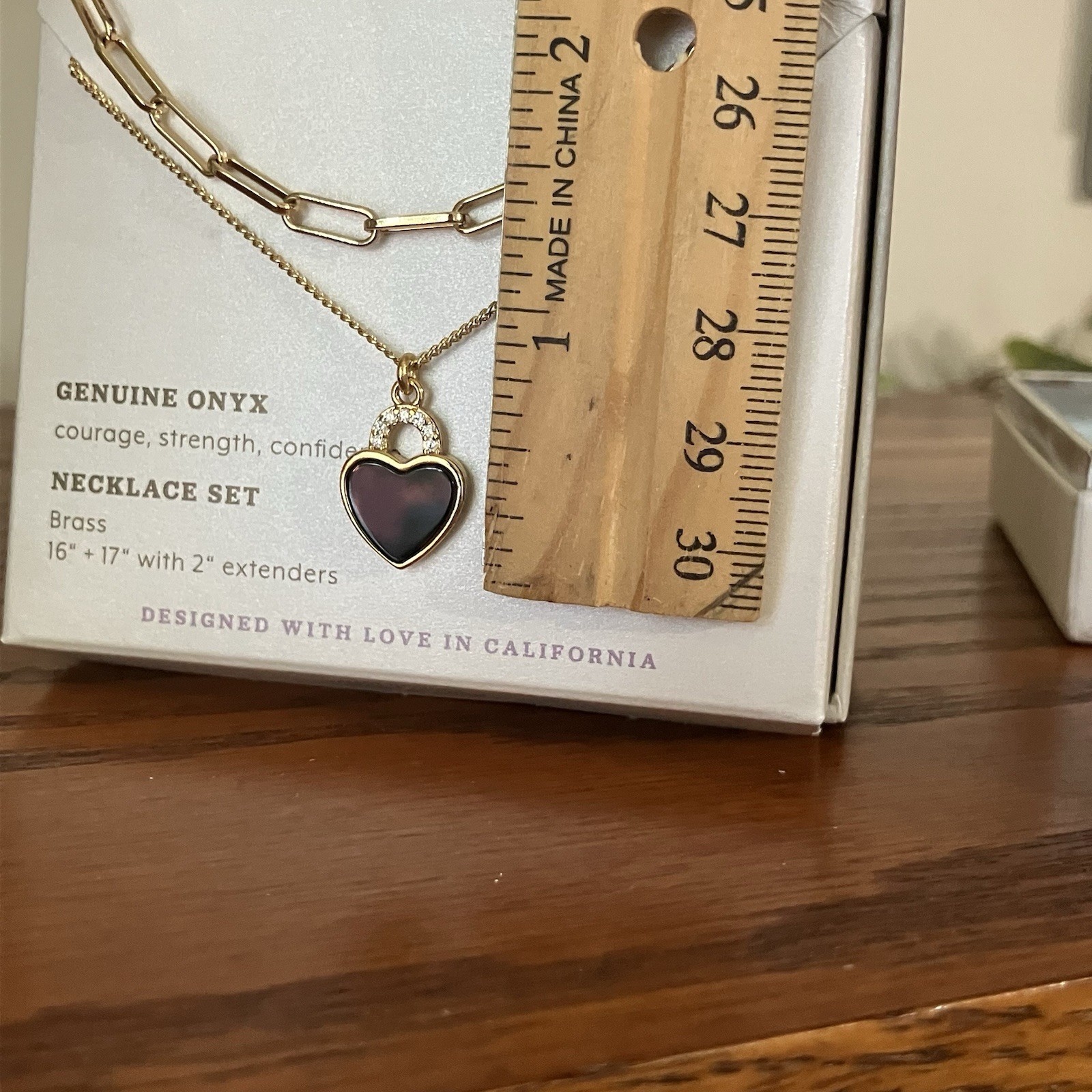 Luna Norte Genuine Black Onyx Heart 2 Necklace Set Paperclip Link Gold Chain