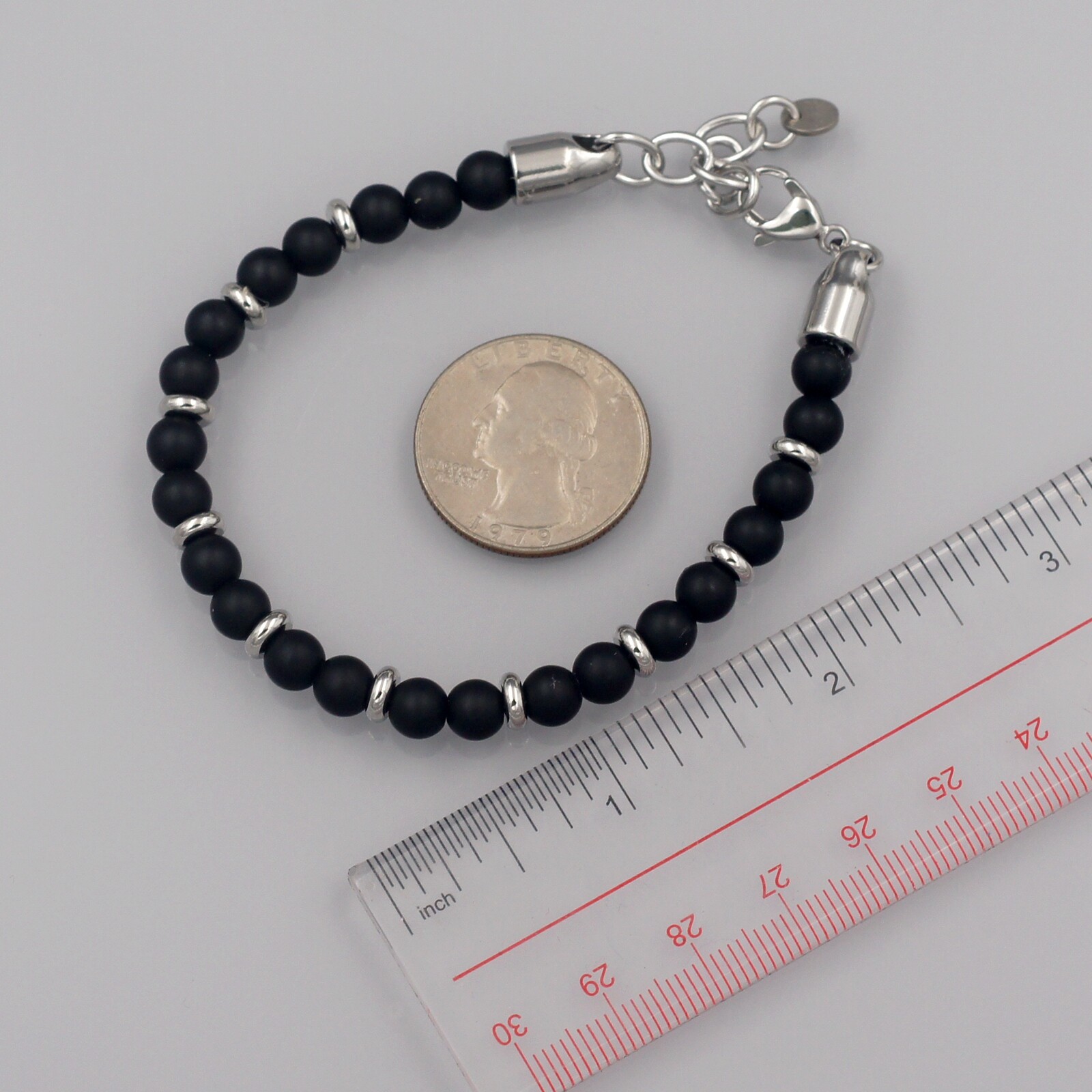 Men Black Agate Natural Frosted Stone Stainless Steel Chain Bangle Bracelet 151