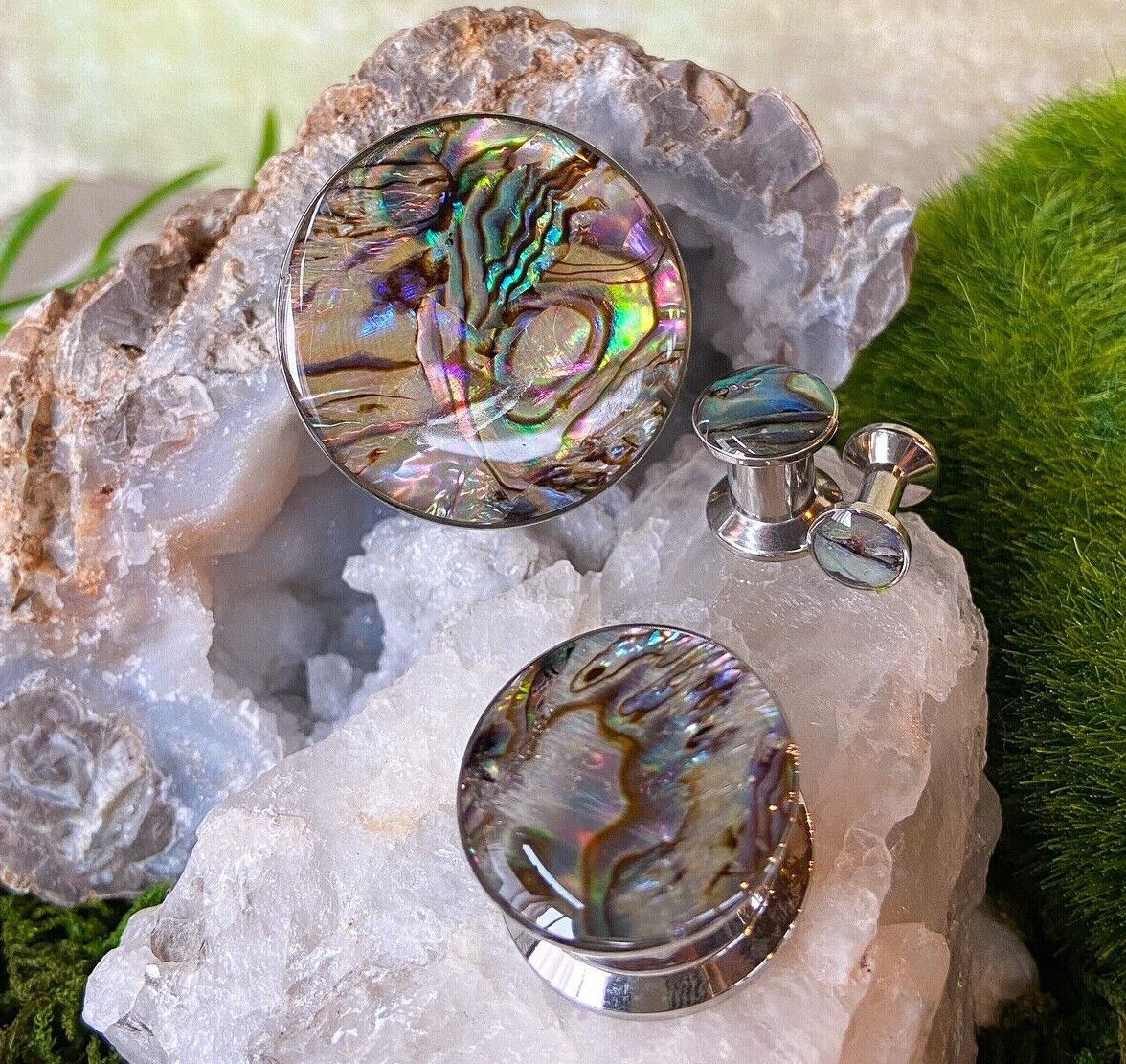 PAIR Abalone Inlay Steel Screw Fit Plugs Tunnels Earlets Gauges Body Jewelry