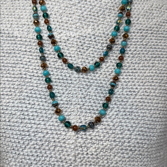 Turquoise Amber Teal Glass Beaded Long Multi Strand Bohemian Necklace Gold Tone