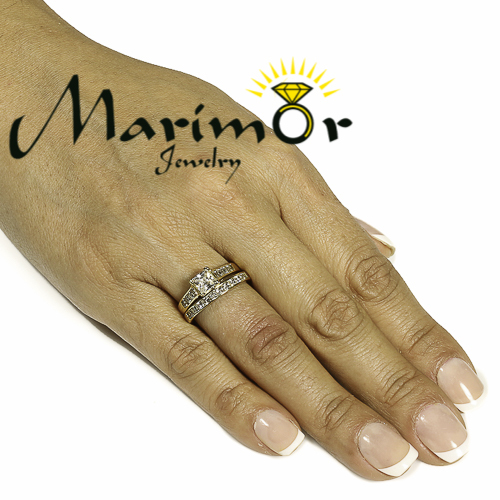 STAINLESS STEEL 2.50 CT PRINCESS CUT ZIRCONIA 14K GOLD PLATED WEDDING RING SET
