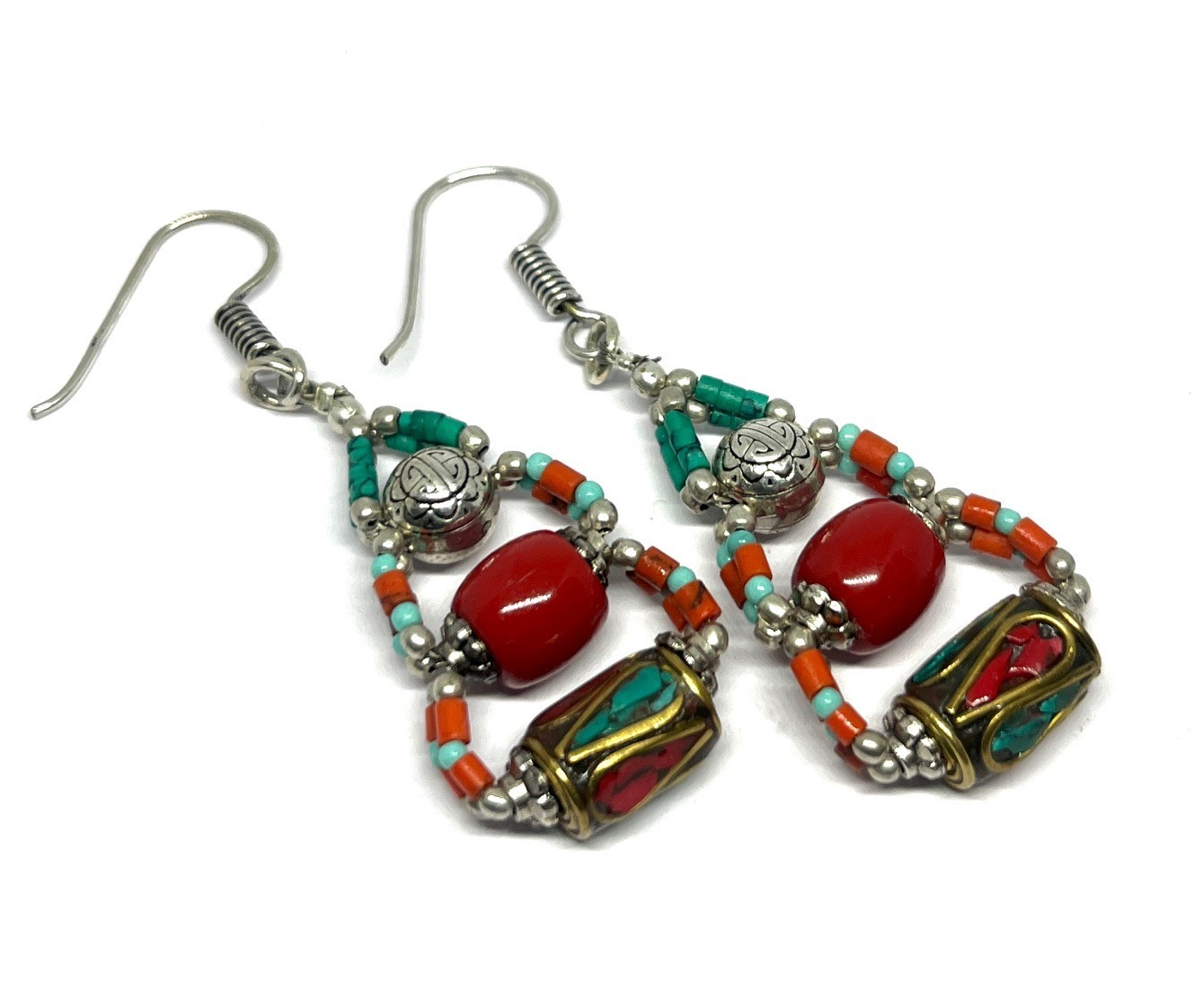 Nepalese Red Coral Turquoise Gemstone Handmade Earring Jewelry, 2.1 Inch
