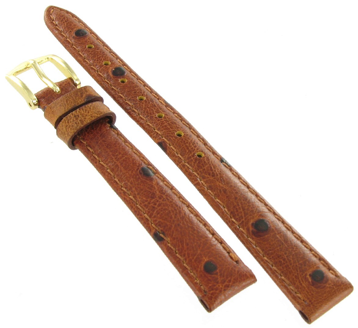 12mm Gilden Genuine Leather Ostrich Grain Honey Tan Brown Stitched Watch Band
