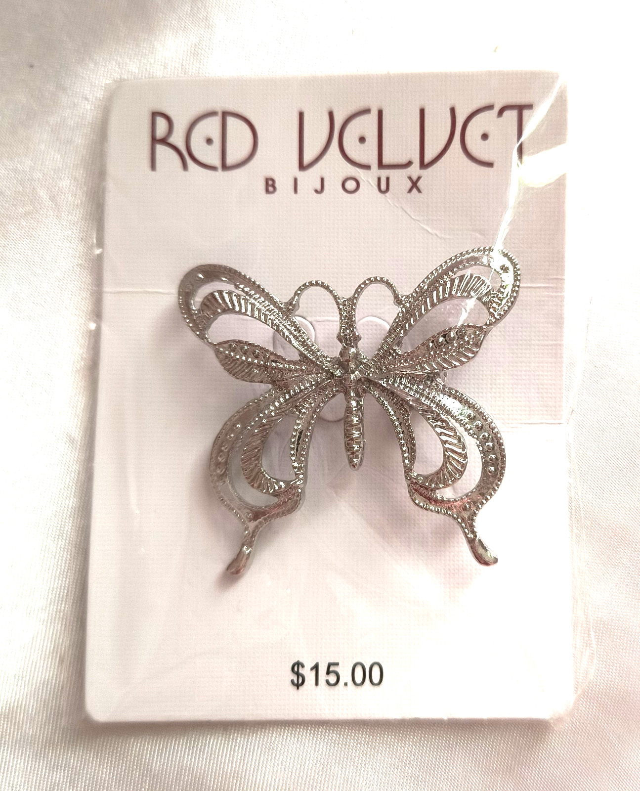 NEW Red Velt by Bijoux Women’s Jewelry Brooch Silvertone Butterfly 1.25″ x 1.25″