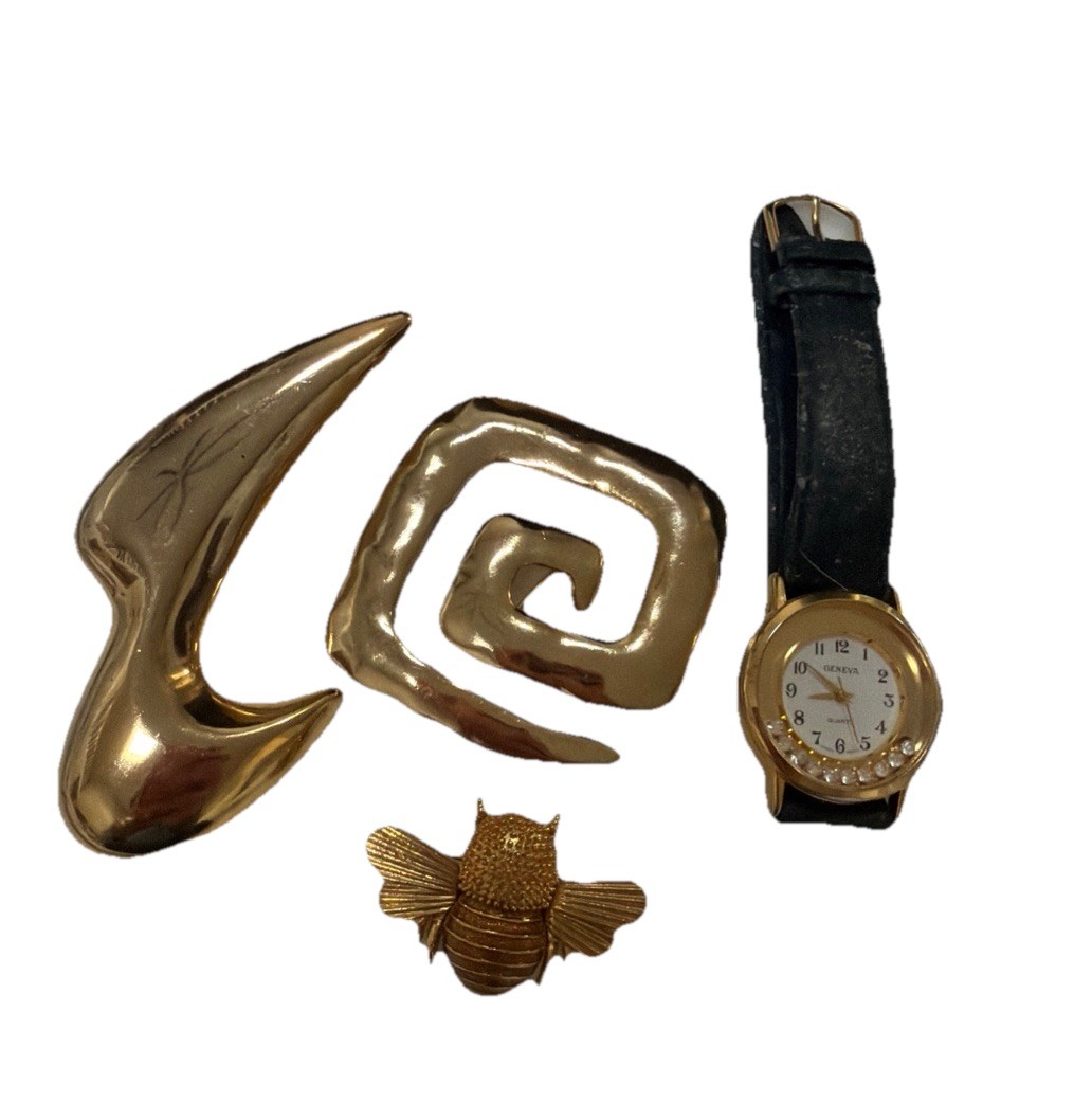 5 Pc VTG Brooch Pins Watch Gold Tone One Signed JJ1986 1980’s Bold Fun LOOK!