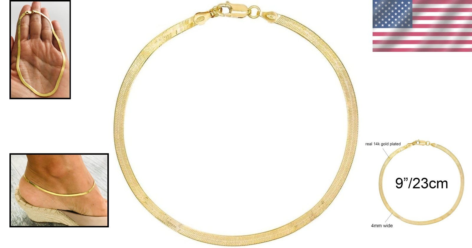 Exquisite 4mm Herringbone Anklet – Perfectly Plated in 14K Gold, Gift-Ready