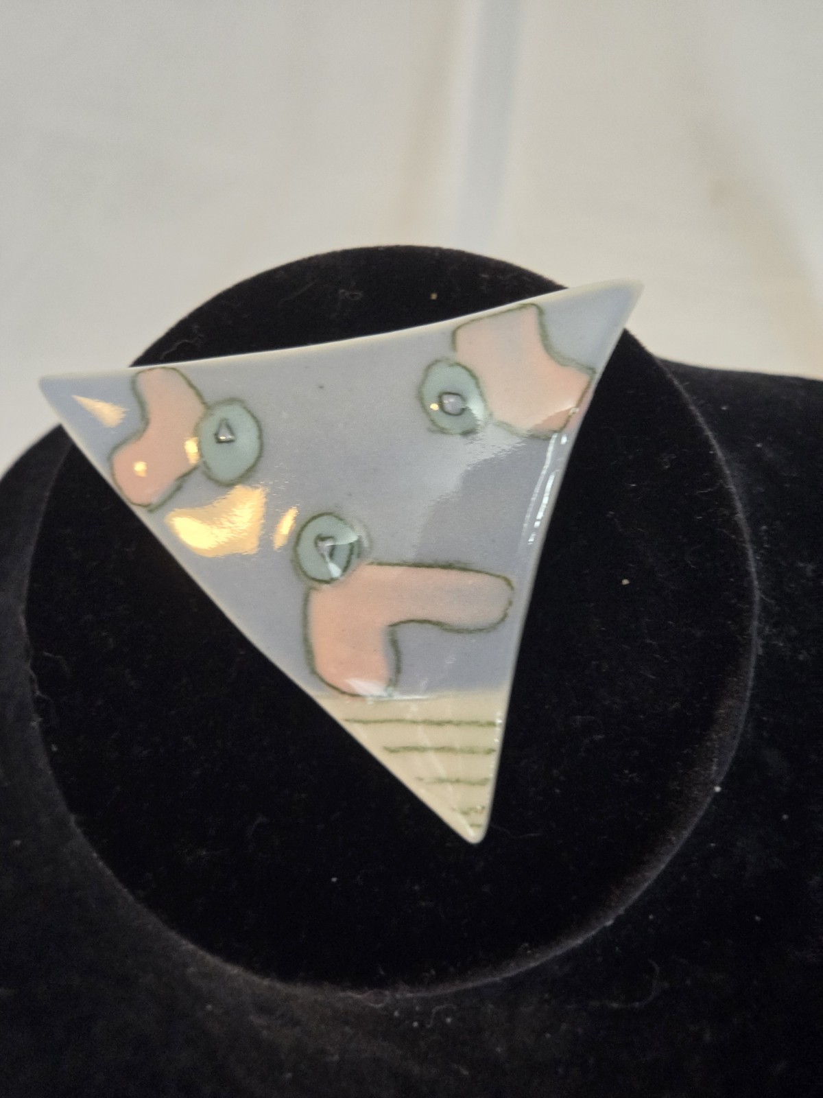 Vintage Triangle Ceramic Enamel Brooch Pin Abstract Design Blue Pink White Green