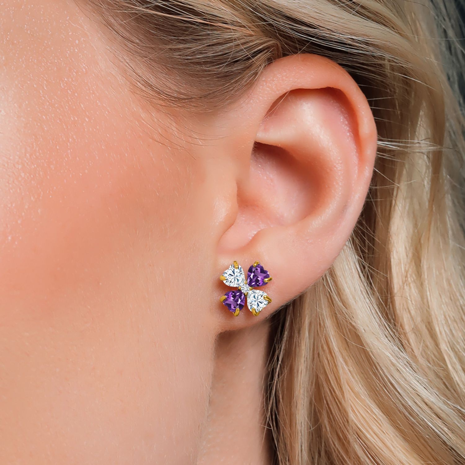 18K Yellow Gold Plated Silver Amethyst Lab Grown Diamond Earrings Set with