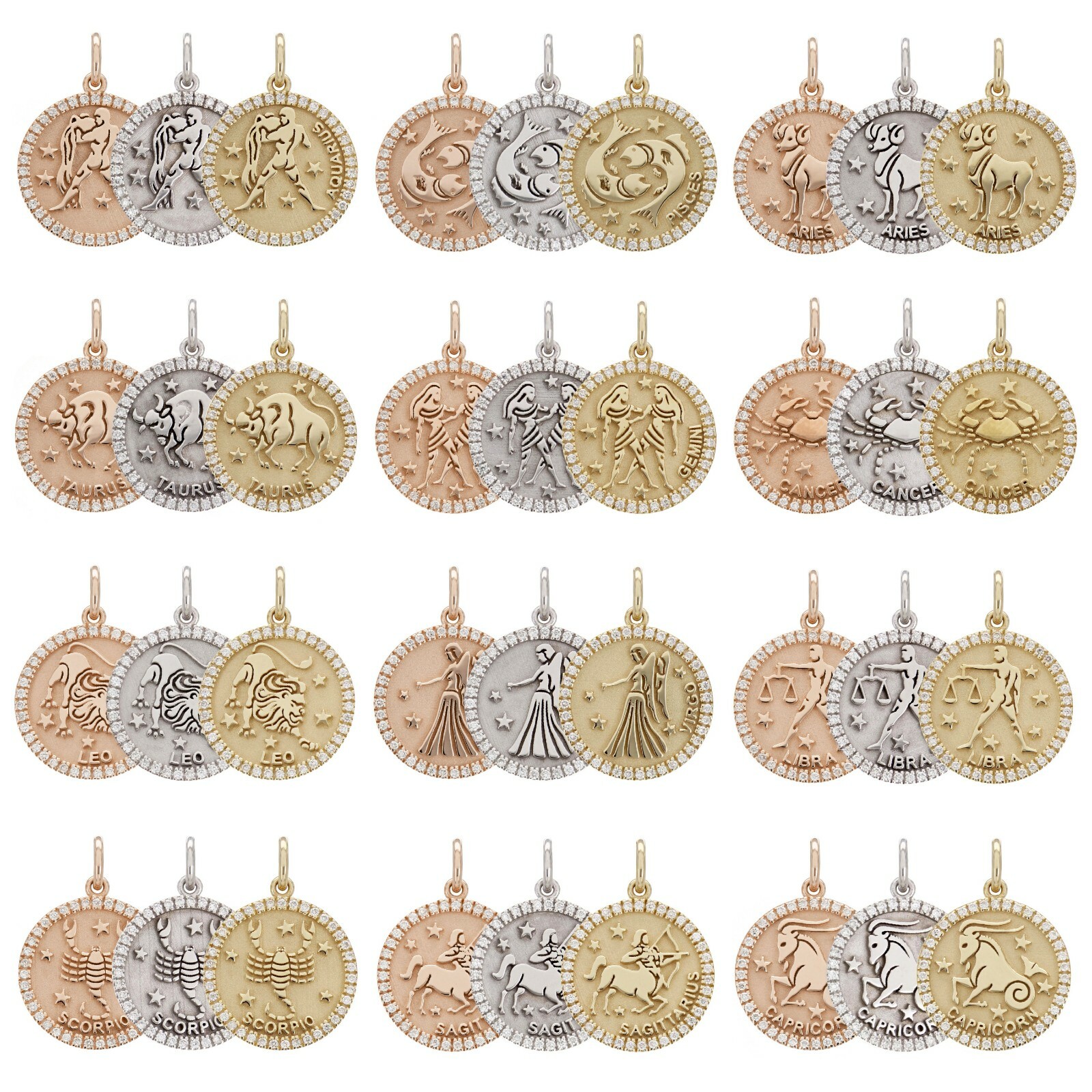 14k Yellow White or Rose Gold Diamond Zodiac Sign Charm Pendant