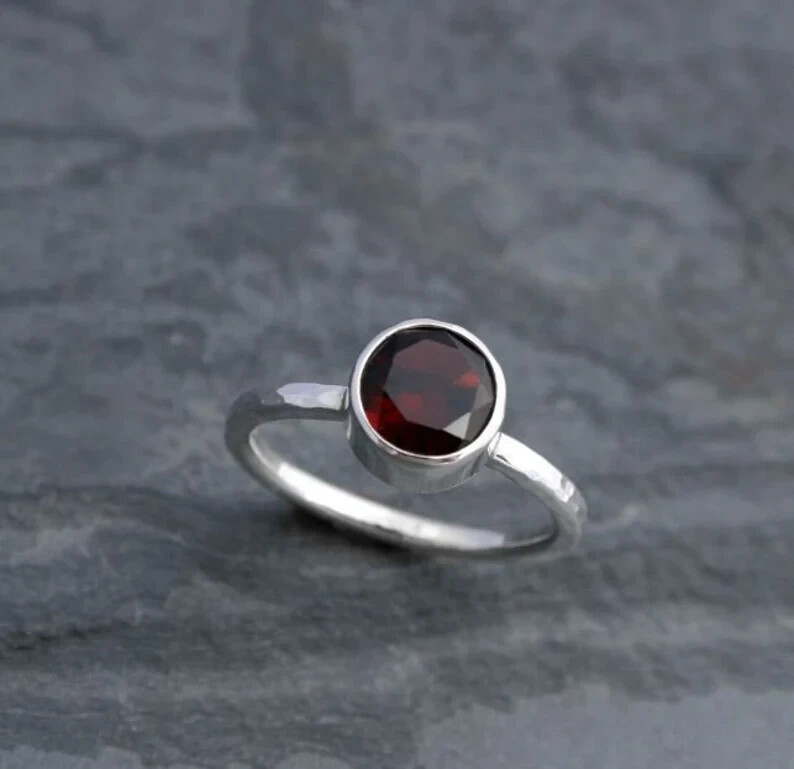 Garnet Sterling Silver Gemstone Ring, Deep Wine Red Jewel Ring, Wear Single