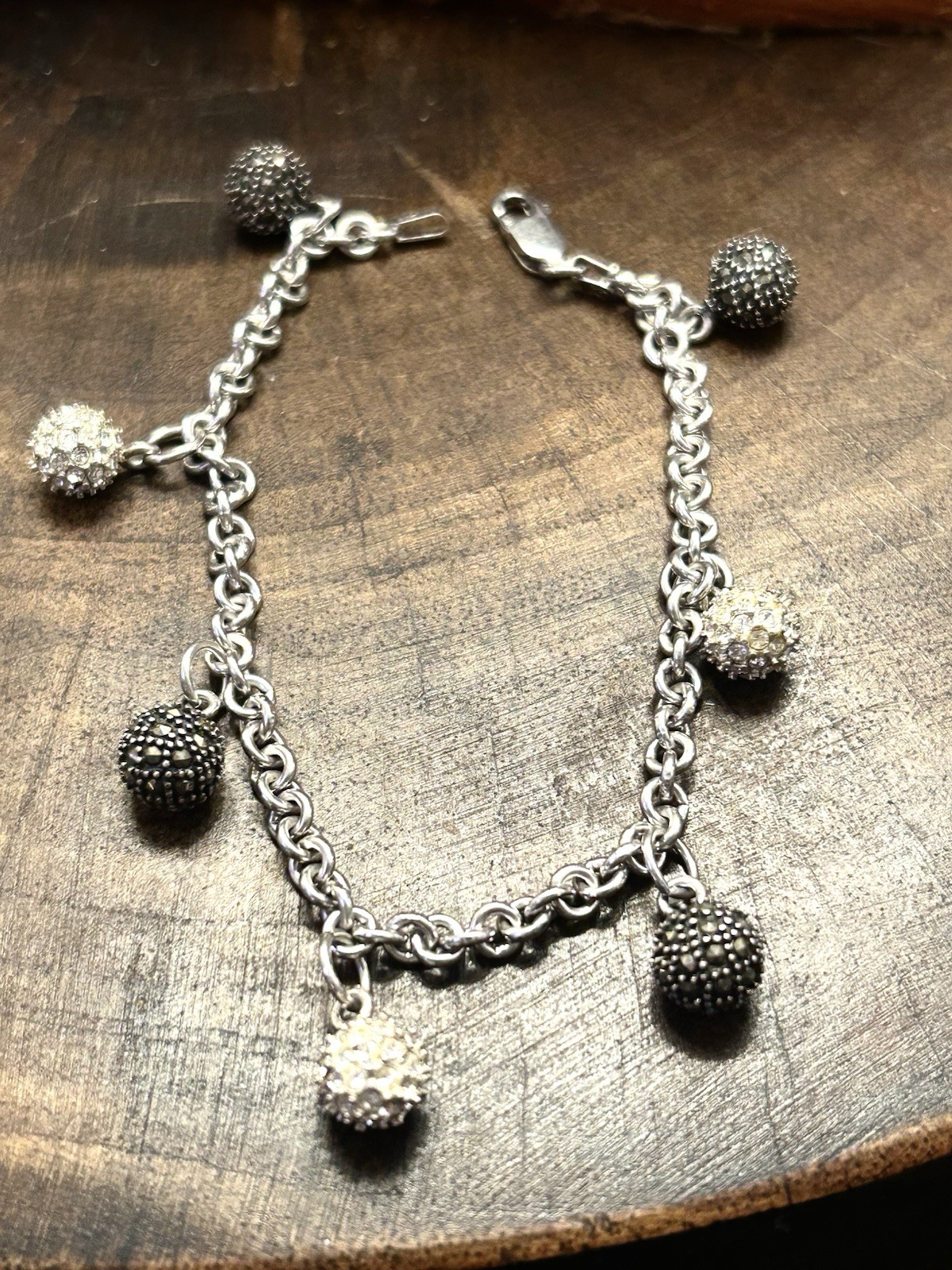 Vintage 925 Sterling Silver Multi Charm Ball Bead Rolo Link Bracelet 7″ 22.4g