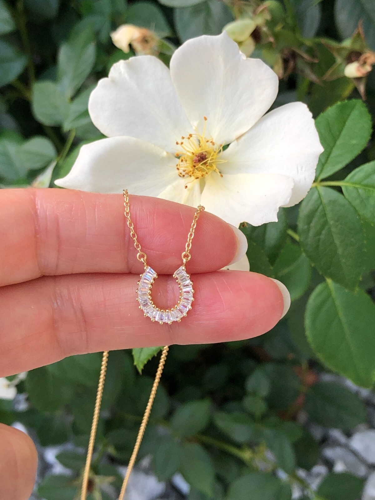 925 Sterling Silver CZ Baguette Horseshoe Pendant Necklace Gold Women 10.8mm
