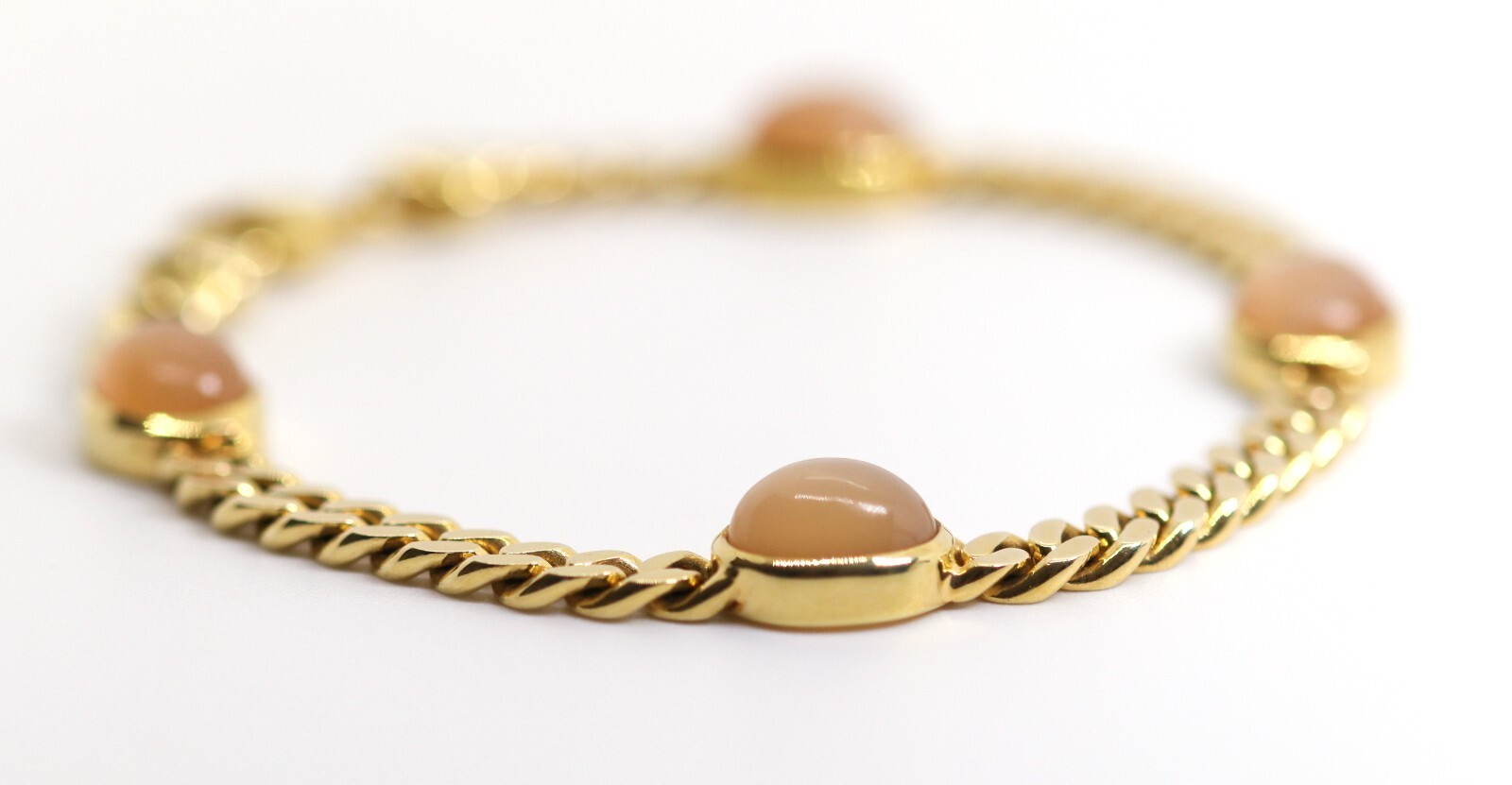 Flat Curb Link Bracelet Yellow Gold Rose Quartz Cabochon 14kt – 585, L: 20cm