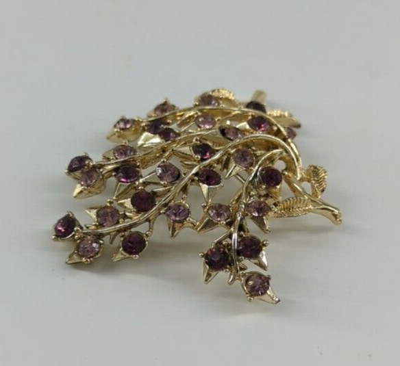 Brooch Branches & Leaves Purple & Pink Crystal Rhinestones Vintage Jewelry