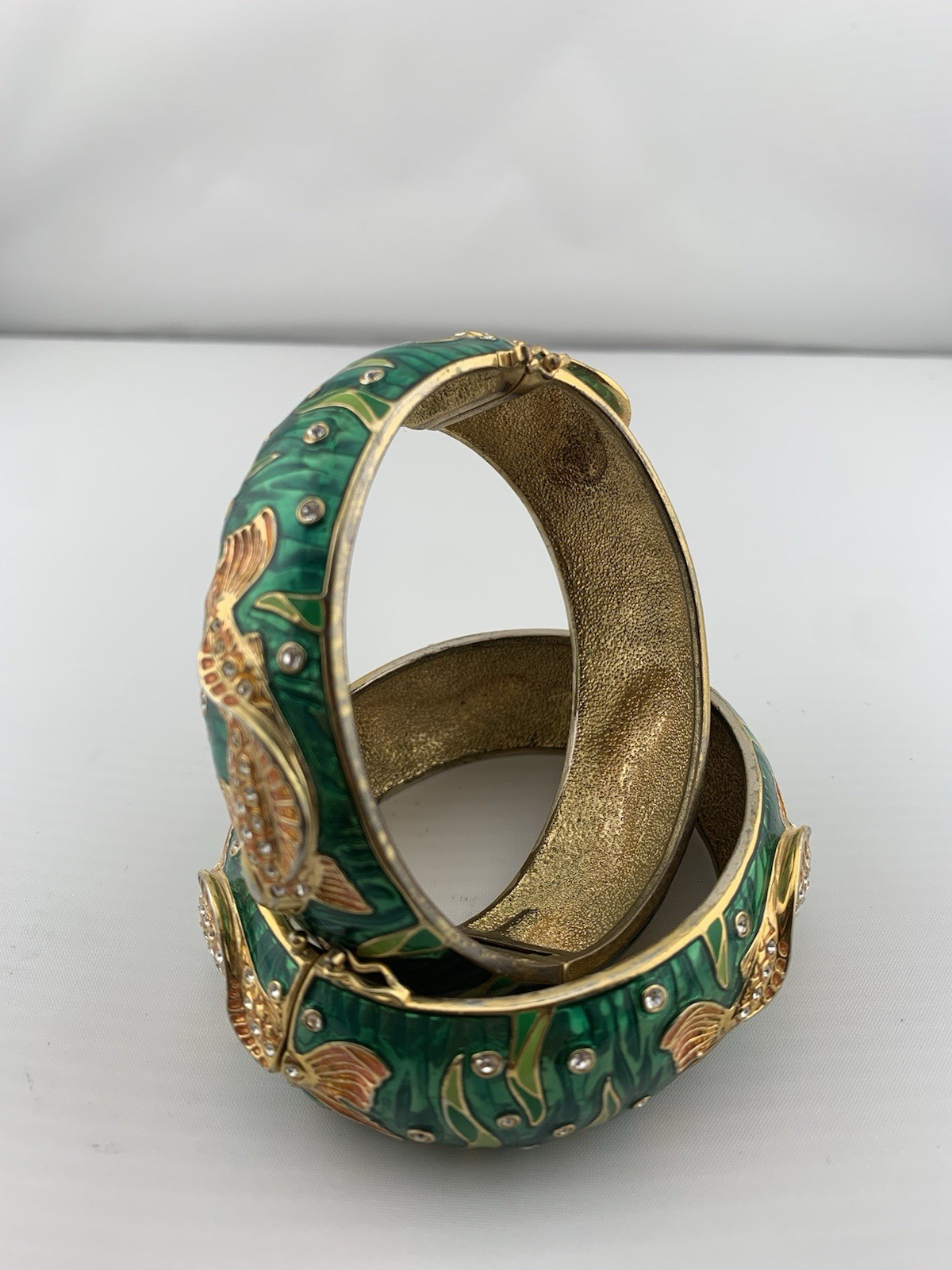 Vintage Koi Fish Enamel Hinged Bangle Bracelet Green Gold Tone Rhinestone Cuff