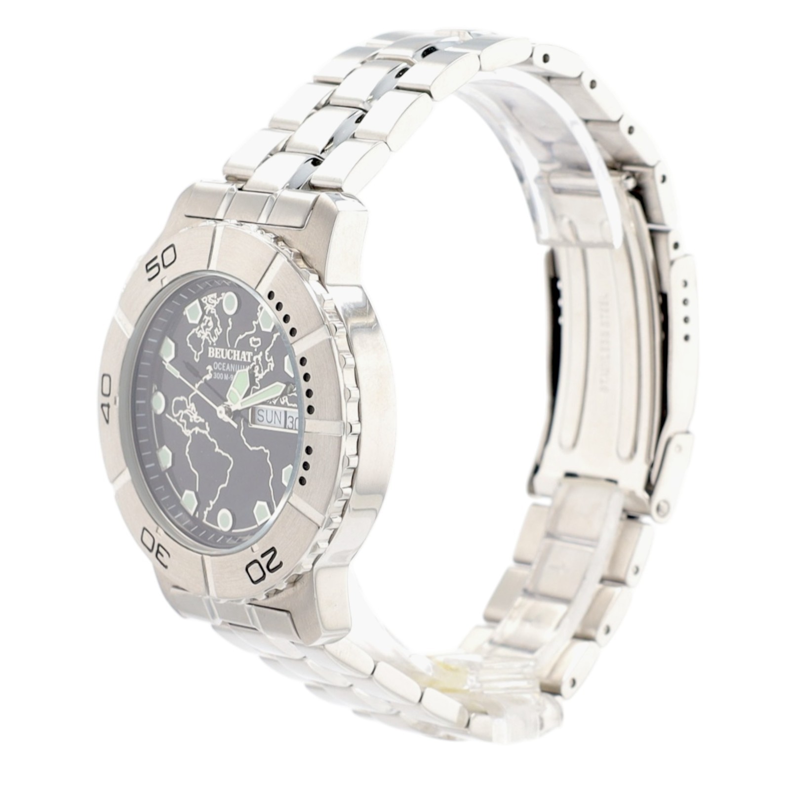 Beuchat Oceanium Mens Watch 300M Diver World Map Dial Swiss Steel Day Date