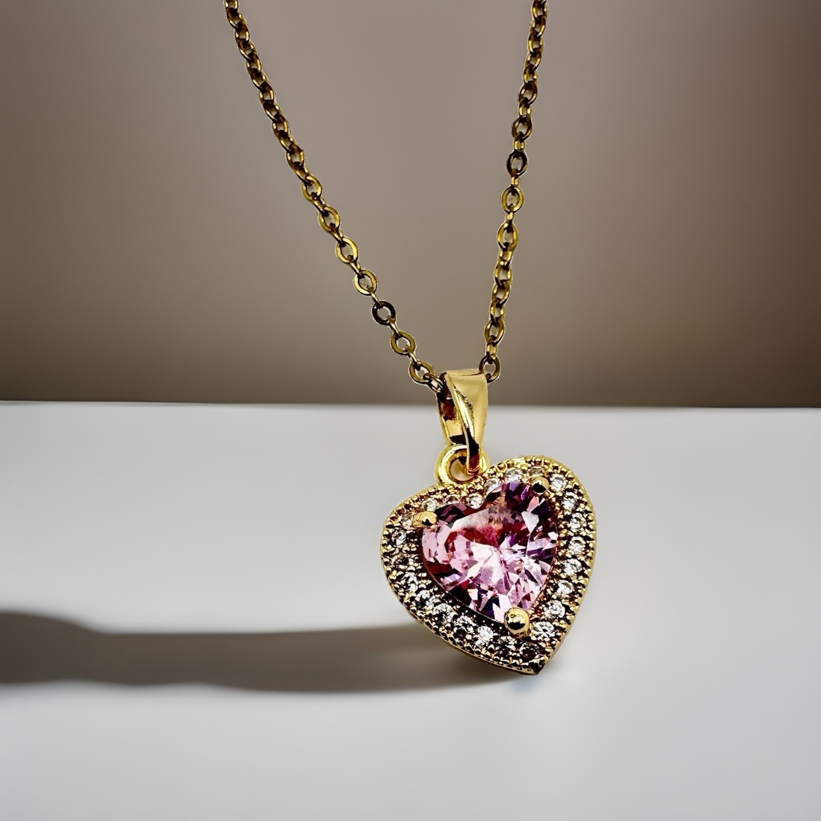 Gold Toned, Stainless Steel Necklace, Pink Heart CZ Pendant 16 In