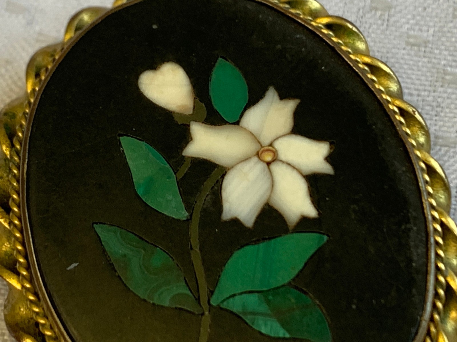 Antique Pietra Dura Brooch Costume Jewelry White Flower Floral Stone Inlay Pin