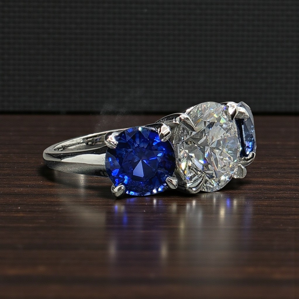 4.00 Ct E VS1 Sapphire and Diamond Lab Grown 3 Stone Ring 14k Yellow Gold