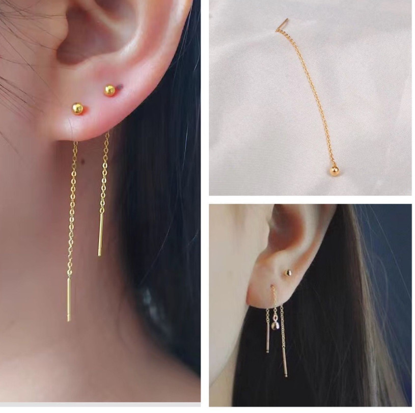 Minimalism Gold Threader Tassel Earrings Stainless Steel Tiny Ball 2″ Chain PE9